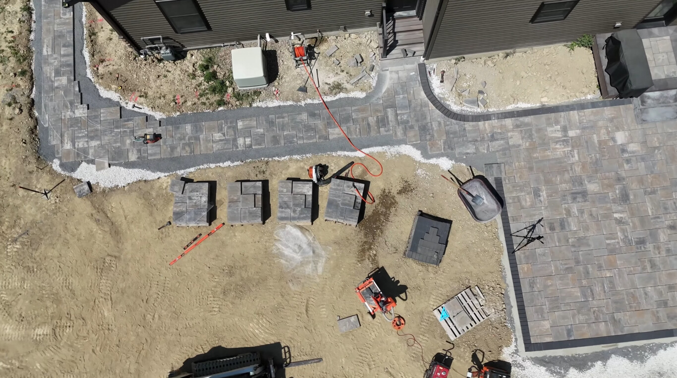 Aerial view of stamped concrete patio installation in Simi Valley, CA